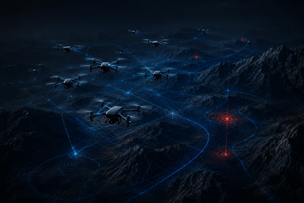 A dark mission-planning terrain interface with drone paths